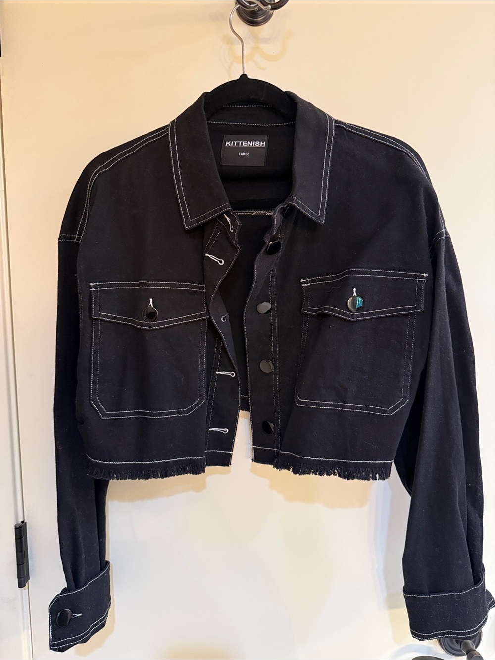 Kittenish Black Cropped Denim Jacket with Contrast Stitching